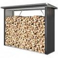 Abri à bois extérieur en acier gris foncé de 213 cm avec toit incliné, protection pour le bois, conçu par Briand Combustibles.