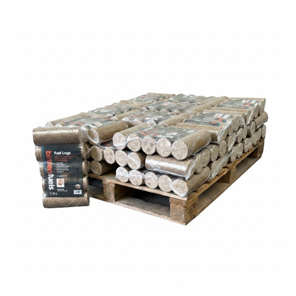 Bûches densifiées Eco-Log Fuels4Less de Briand Combustibles, bois compressé FSC prêt à brûler, pour cheminée ou poêle.