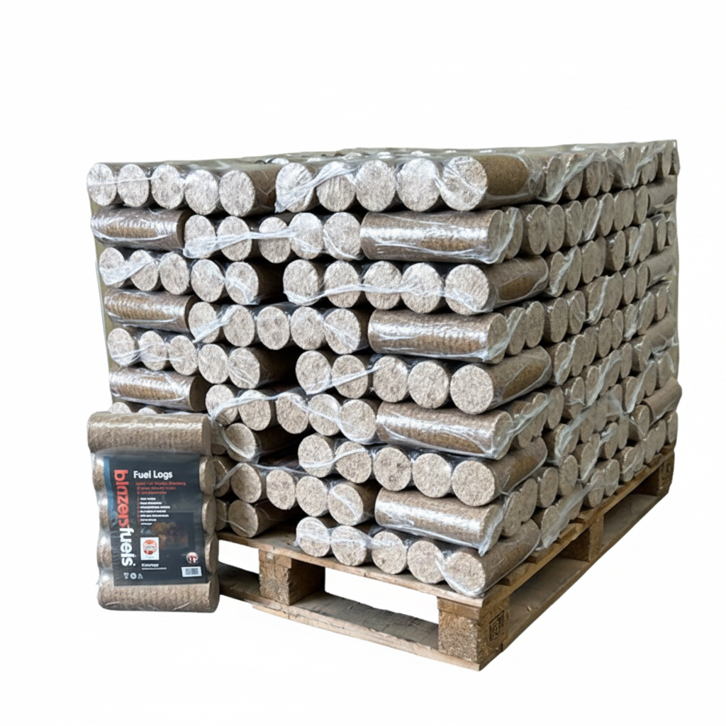 Briquettes de bois densifié Eco-Log Fuels4Less de Briand Combustibles, palette de 405 bûches FSC, pour chauffage écologique.