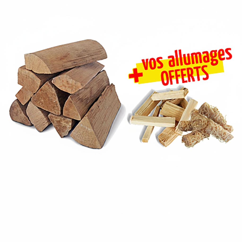 Trois packs de bois de chauffage Woodstock Briand Combustibles, 40 cm, avec allume-feux et bois d'allumage, prêt à brûler.